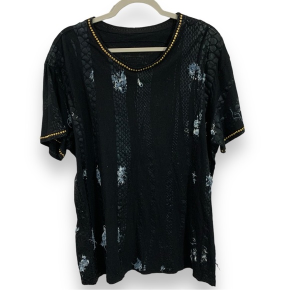 Robin's Jean Other - Robin’s Jean Black Snake Skin Denim Fray Patch Work Moto T-shirt Mens Size 2XL